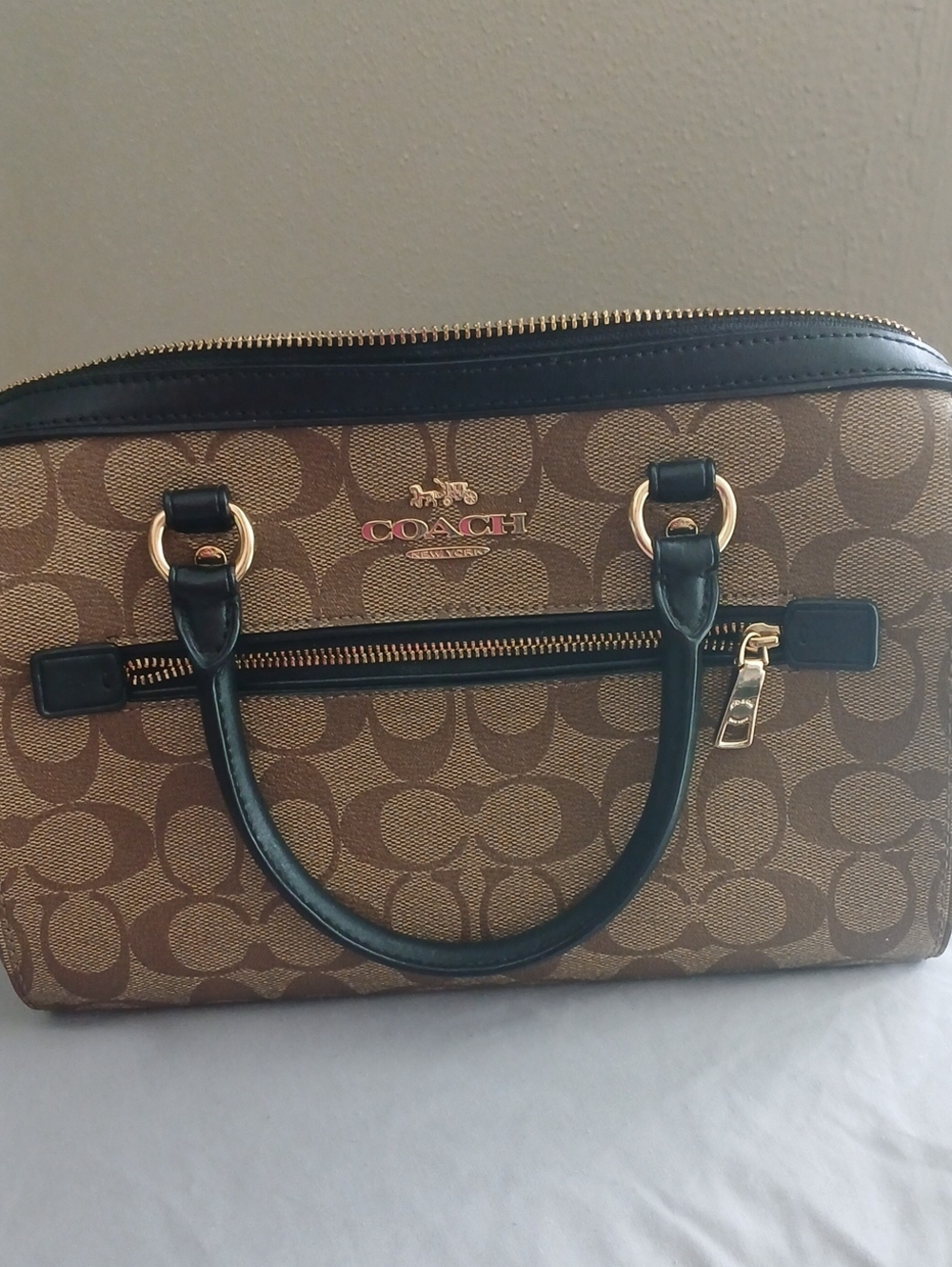 Coach Brown Signature Canvas Satchel with Black Trim and Gold Hardware